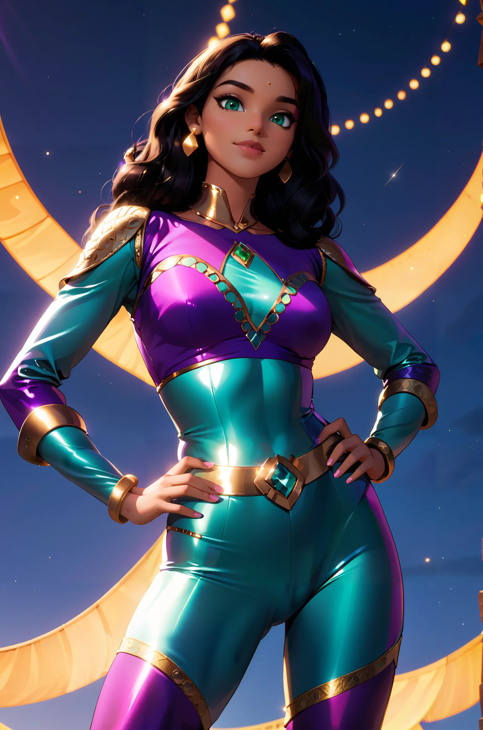 a beautiful feminine alien in a swimsuit, dynamic superheroine, full body, highly detailed facial features, piercing eyes, long eyelashes, full lips, sharp nose, mesmerizing expression, graceful pose, muscular toned body, flowing hair, intricate swimsuit design, glowing skin, black hair, dramatic lighting, cinematic atmosphere, vibrant colors, photorealistic, 8k, best quality, masterpiece