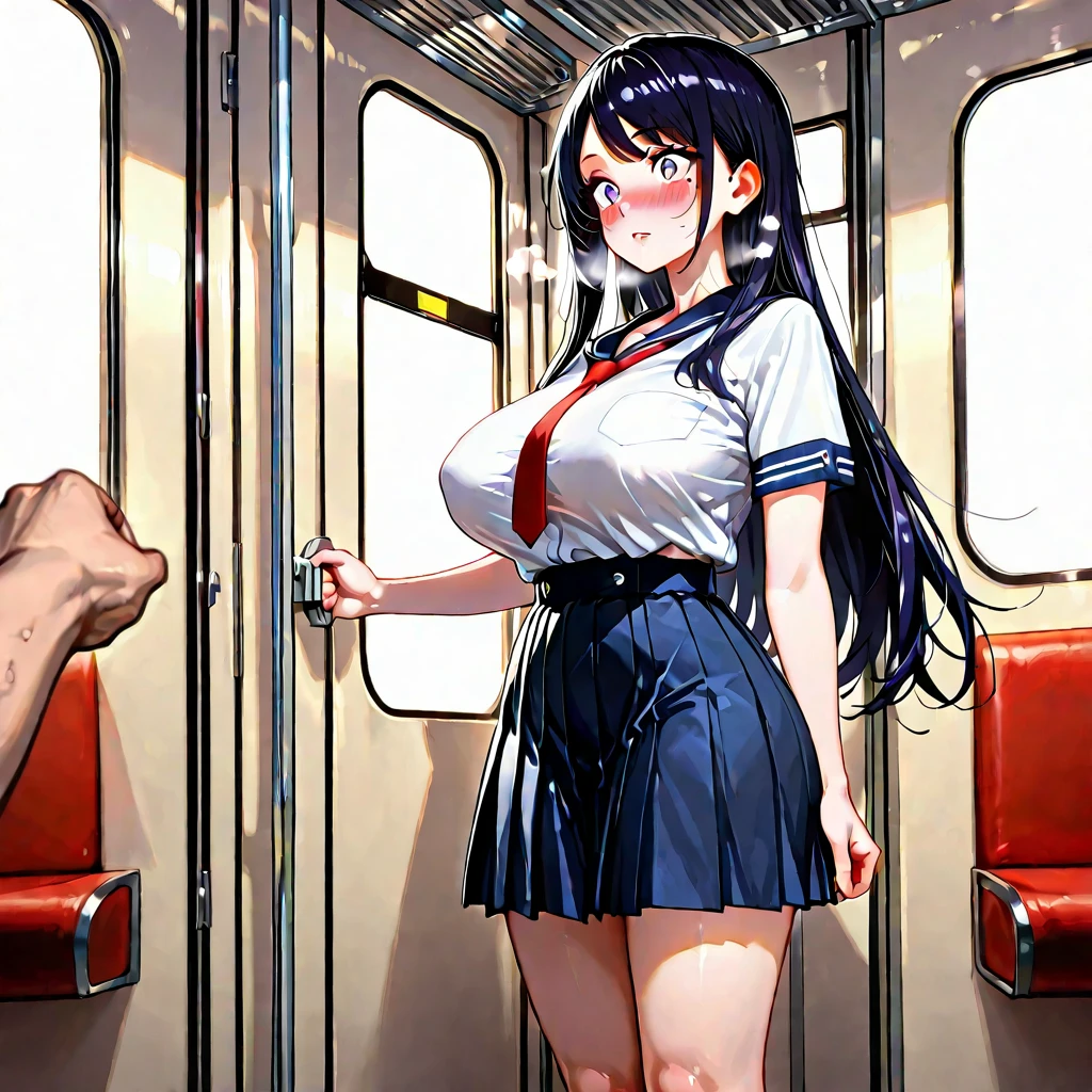 nsfw, best quality, official art, masterpiece, textile shading, HDR, middle-aged man and high school girl、Best image quality、Sailor Mars、Beautiful legs、thin、mini skirt、((Crowded train))、((Big Breasts))、((Nipple protrusions push up the uniform))、Cropped tops、Short sleeve、barefoot、((Wearing a mule))、((An old man is touching my breasts from behind))、((An old man is groping her breasts from behind.))、((The old man behind me is touching my butt..))