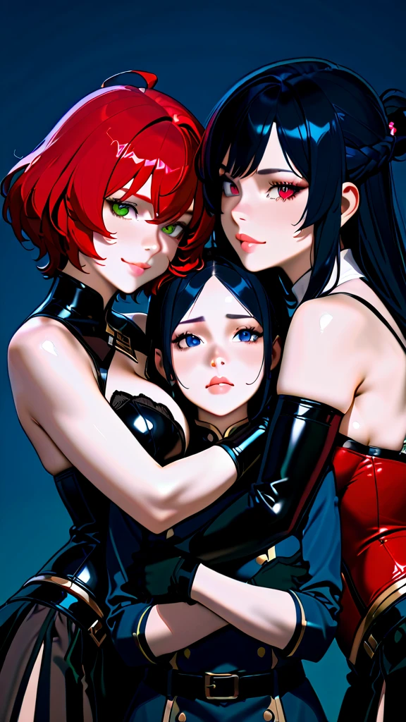 Dynamic shot, ((3 females)), A picture of 2 beautiful succubus girls and 1 sexy nun on a leash, ((2 demon girls and a nun)), nun, demons, beautiful demon girls, horror, dark, sexy, rough domination, domination, nun on a leash, bdsm, golden chains,(golden leash), collar, beautiful bodies, slim, horror style, highly detailed faces, stockings, leather tight boots, camera from below, closeup