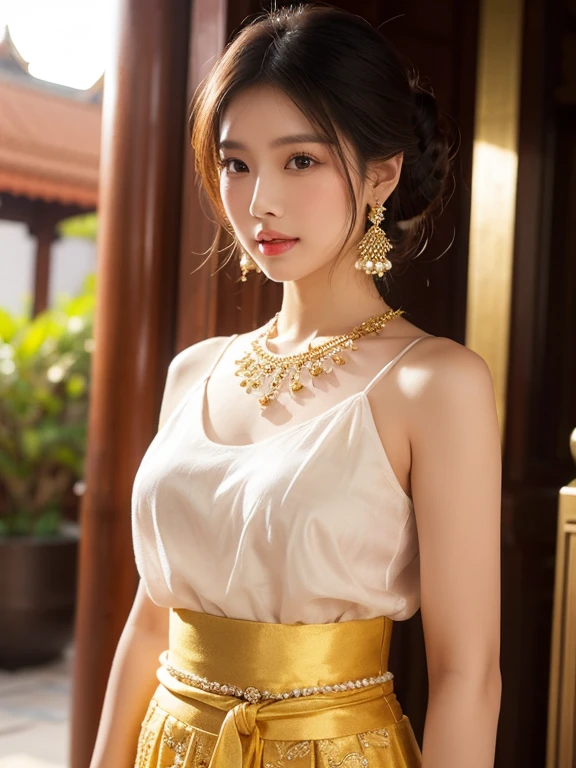 ((highest quality, 8k, masterpiece:1.3)), (Focus Control:1.2), (Perfect body beauty:1.4), ((Delicate Hair)), (Highly detailed face and skin texture), Beautiful Eyes, double eyelid, (Shiny skin:1.5), Small face, Huge breasts, 20-year-old, (White Layered Hair), (smile, Beautiful Teeth), (gorgeous indian dresses:1.4), (A wonderful palace:1.5), (Please hide your hands under your clothes),Long straight hair_Hair reaching down to the waist、full figure supermodel standing, entire body in frame、shy smile、Place your left hand gently on your chin,right hand holding Shoot so that the whole body is captured away from the camer、red heels,Leaning against the wall