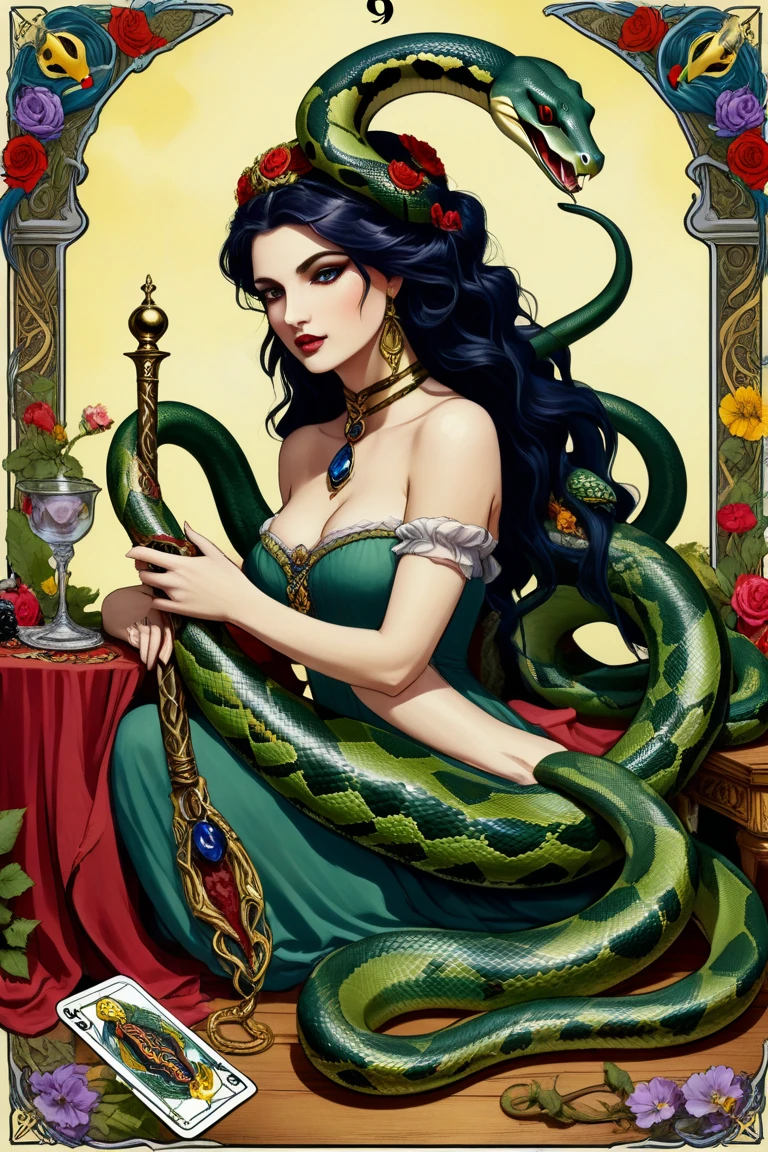 (extremely detailed CG unity 8k wallpaper, masterpiece, best quality, ultra-detailed), best illumination, an extremely delicate and beautiful, [(dynamic angle, (Medusa), long, luxurious, and intricate green hair, detailed and hypnotic eyes, golden serpent headdress, elegant and alluring, flowing green dress, (sinuous), long sharp nails, mythical snake-like creature, wide shot):1.2], [:(mystical forest, depth of field, eerie atmosphere, slithering snakes, faint flicker of candles, twisted vines, lush greenery, glowing eyes in the dark):0.8]
