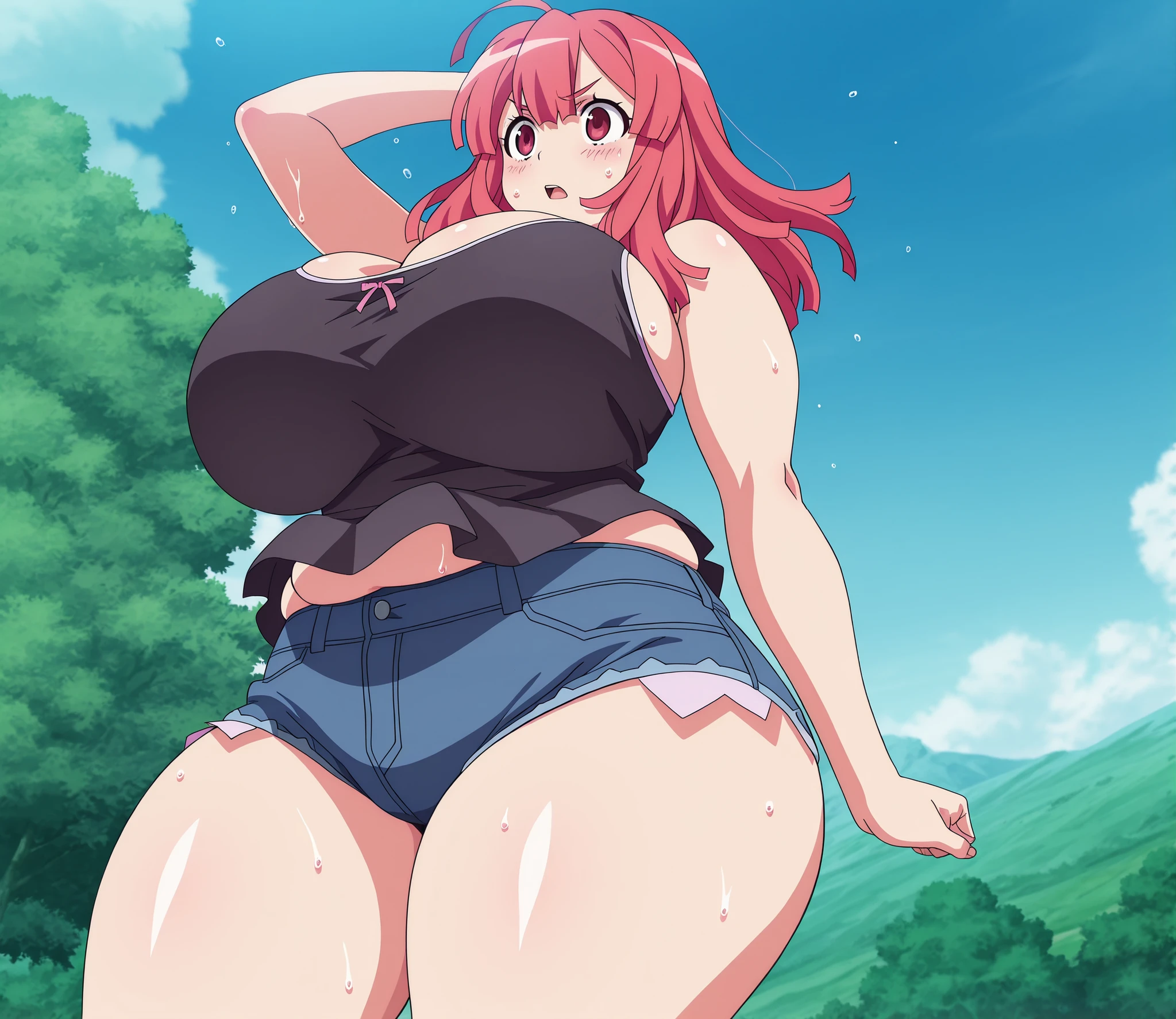 Personaje de anime con cabello rosa y una camiseta negra sin mangas parada en una acera, OPPAI, Anime visual de una chica linda, small curvy , Mejor chica del anime, Chica de anime llamada Lucy, Shirabii, Anime Moe Artstyle, pechos grandes!, con unos pechos grandes, seductora chica de anime, pechos grandes!!, Proporciones OPPAI