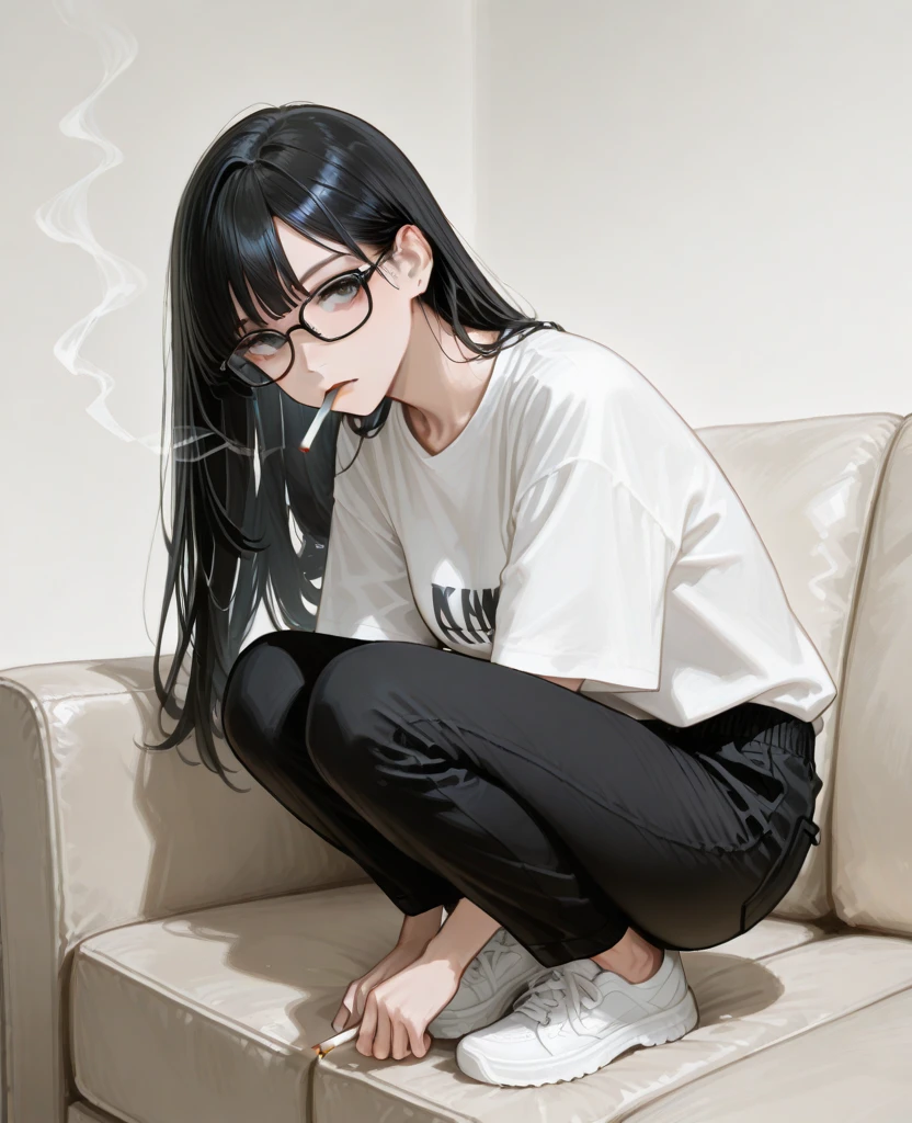 Best quality, volumetric lighting, cool ambient lighting, masterpiece, ultra high res, 4k, (soft round detailed face), (sad expression), depressed, despair, grief, crying, hopeless, (very pale light skin), (bare legs), detailed black hair, ((long messy greasy hair)), (wearing rounded glasses), unwashed, unkempt, tired, disheveled, grey t shirt, (bandaged arm), (both hands touching head)
