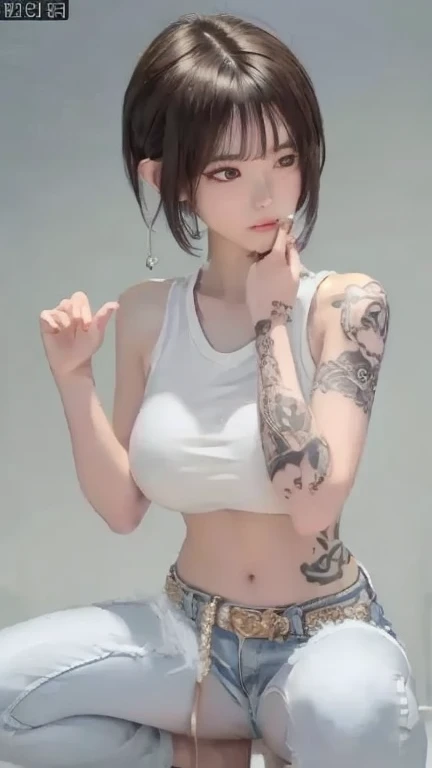 ((woman with tattoo on chest)), girl, Short white hair with bangs, Black strands of hair, Purple eyes, White T-shirt and panties, Pendant around the neck. Natural and beautiful standing posture, Crisp and realistic body detail. 超High resolution.Photorealistic:1.4,超High resolution. Realistic，High resolutionで, masterpiece, Highest quality, Very detailed, Better Shadows, Volumetric lighting), super high quality, High resolution, 8k, Ultra-Realistic Portraits , Photorealistic, Dynamic Lighting, Volumetric lighting, Very detailed顔,(NSFW:0.9),Large Breasts,Full Body Stand Posture,