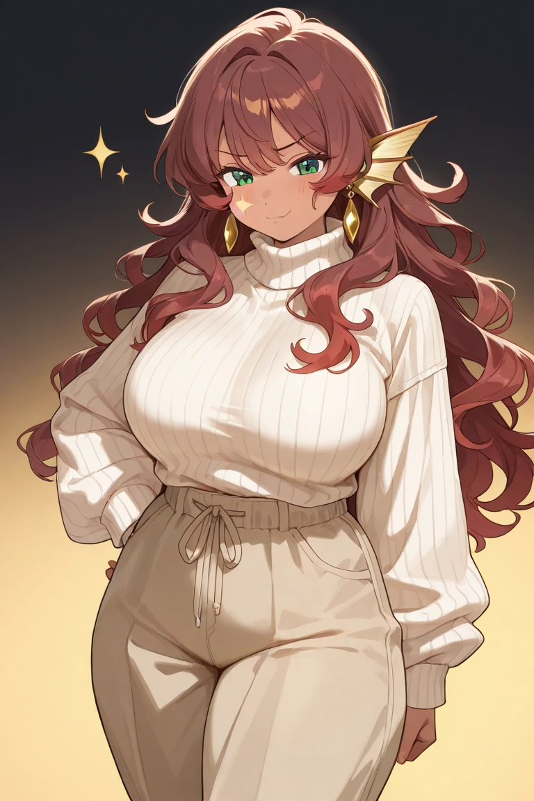 ((masterpiece,best quality)), Brown skin, yellow eyes, long red hair, big breasts, big hips, hair between eyes, hair flares out, 1girl, solo, brown-skinned female, red-haired female, front view, plump thighs, ponytail, reddish-brown skin tone, dress