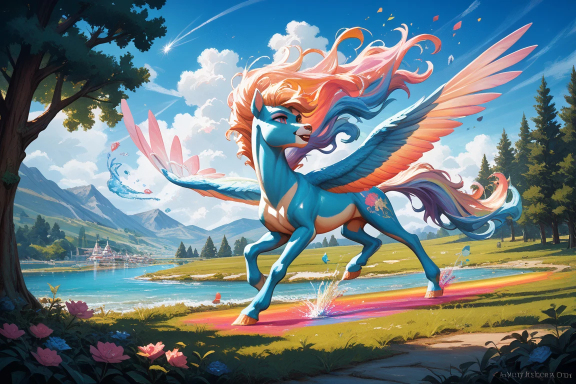 8k, 16k, insanely detailed, intricate, Pegasus Rainbow dash standing on a cloud, sunglasses, sharp focus, multicolored mane, by Josephine wall, by Jack Kirby
