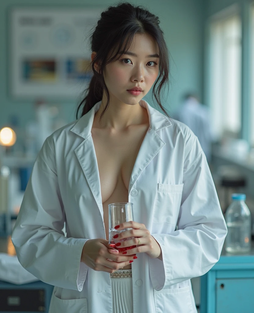 best quality, masterpiece, (photorealistic:1.4), 1girl, (short hair ) shirt with collars, waist up, dramatic lighting, from below ,((very small breasts )),weak unhealthy ,(((very thin))) ((Wear a doctor's uniform in the laboratory )) (test tube) stand behind desk ,light smile
