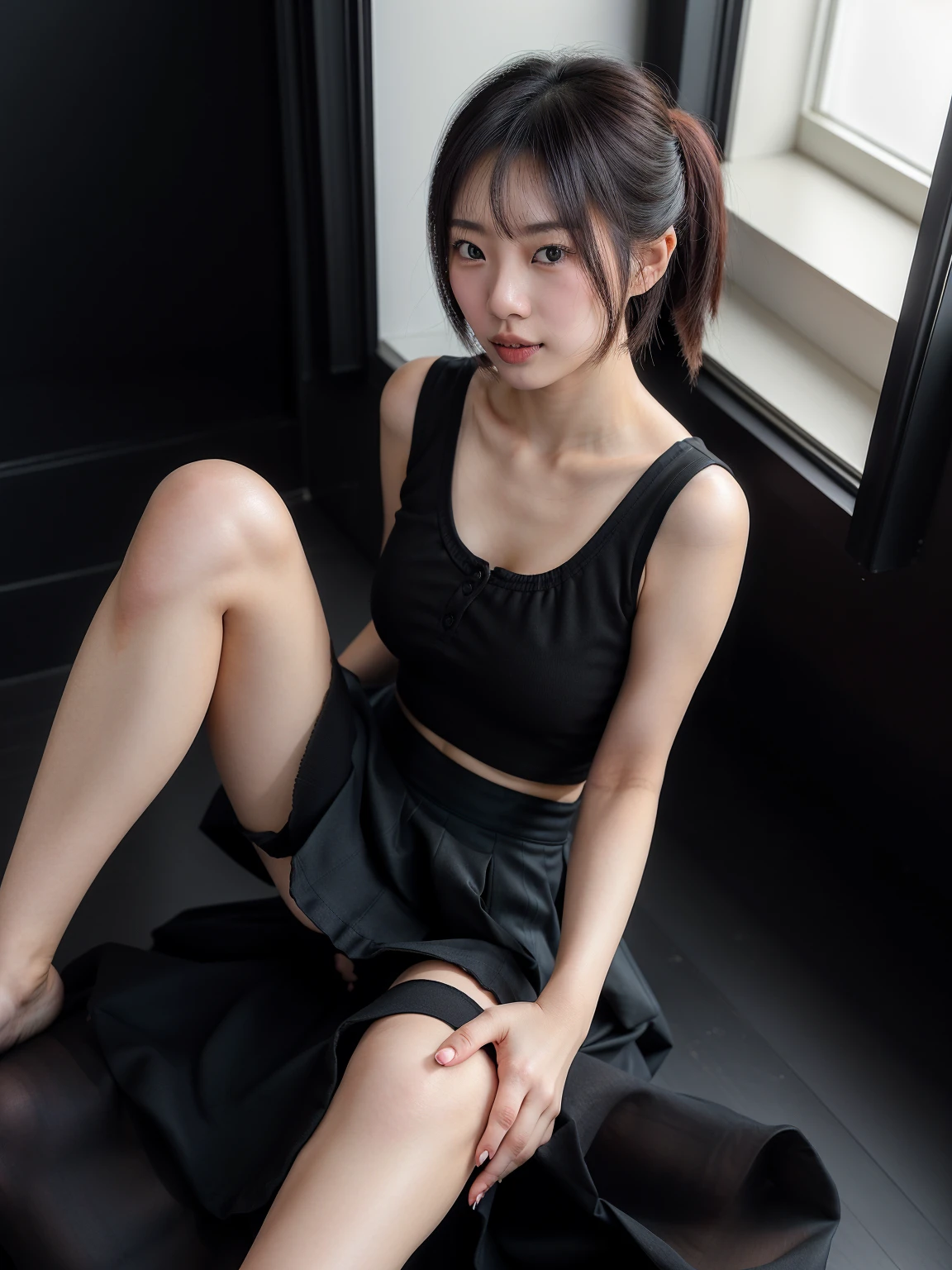 (8K、Raw photography、Your face is illuminated by lights、top-quality、outside of house、Shunguang、Bright lighting front gym sitting、masterpiece:1.2)、(realisitic、White panty、White shorts、Photorealsitic:1.37)、Ultra mini skirt、Open your legs to the left and right、Open your legs wide from side to side、Short clothing、White shorts、skirt by the、ultra-detailliert、Full body posture、Beautiful constriction、Leather Green Tank Top、Sleeveless、large boob、large udder、超A high resolution、女の子1人、Denim skirt、Low-rise miniskirt、Beautiful navel、beautiful thigh、Beautiful bust、flaxen ponytail、Short clothing、see the beholder、beautifull detailed face、A smile、Constriction、(Slim waist) :1.3)、The shirt、Beautiful detailed skin、Skin Texture、floated hair、profetional lighting、