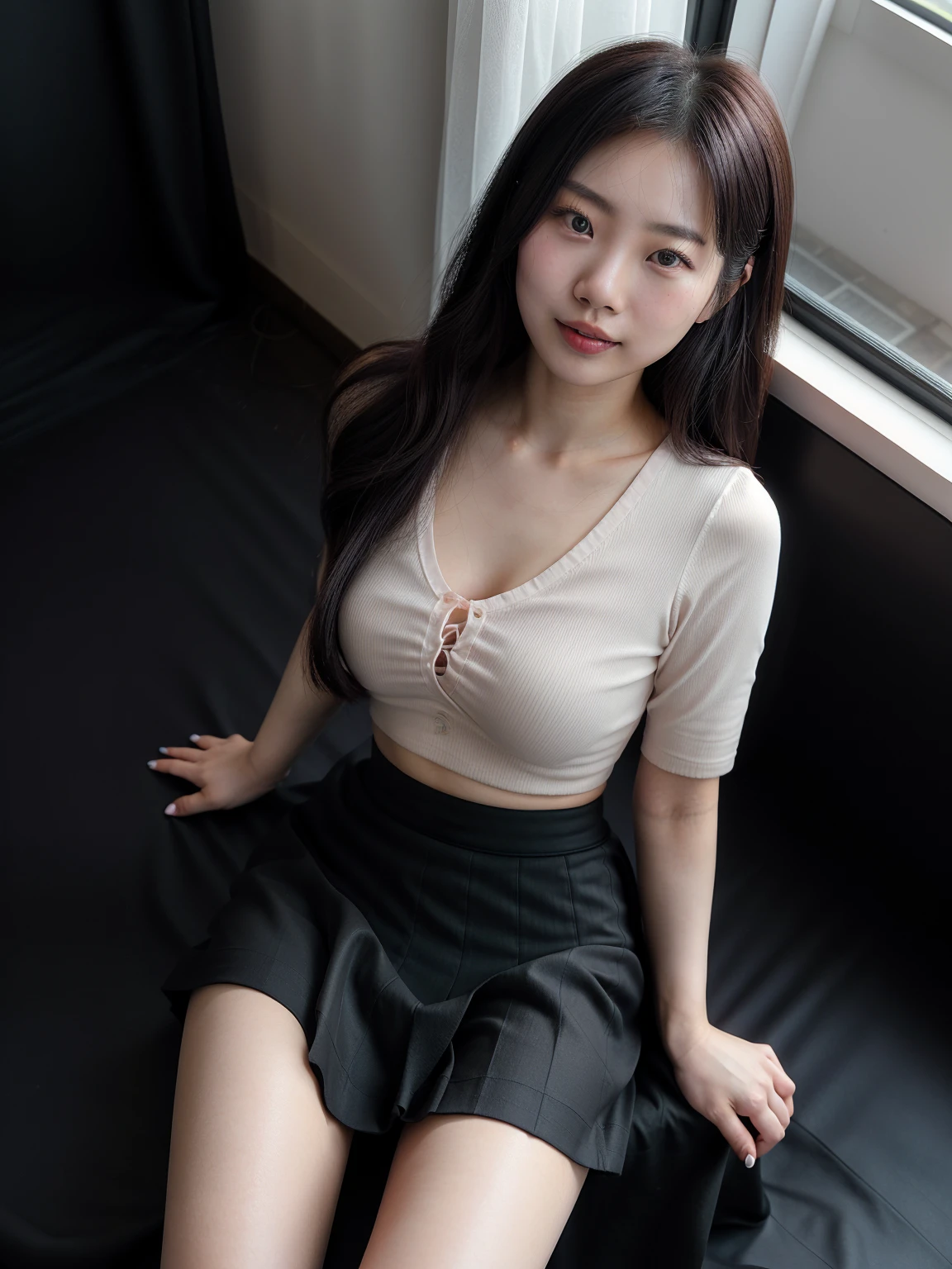 1 Girl,sofa,Soft Light,Chinese Beauty,Tight Fit,Suspender Skirt,,Dark-haired,long hair