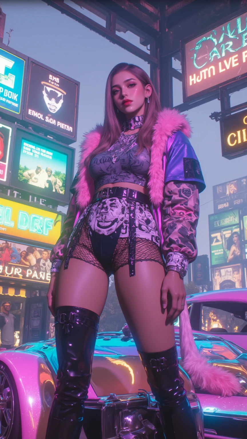 high angle photo of a gorgeous young woman in the style of cyberpunk, realistic skin texture, looks up,pink sweatshirt,posing on a car, 1 / 2 body crop, 8 5 mm art lens, f 1. 2, sharp focus, 8 k high definition, insanely detailed, intricate, elegant, art by stanley lau and cyberpunk. very thick diaper.