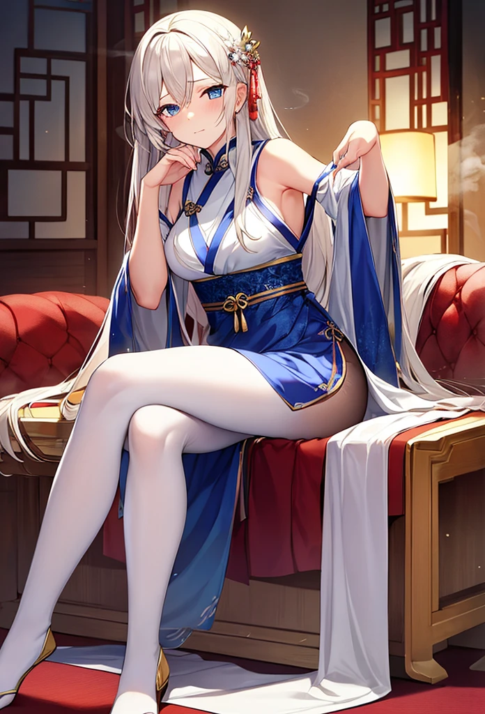 unparalleled masterpiece, ultra realistic 8k CG, perfect artwork, ((perfect female figure)), white hair, red eyes, mature female, milf, narrow waist, chinese deity, looking at viewer, seductive posture, sexy pose, alluring, clean, beautiful face, pure face, pale skin, absurdly long hair, shiny skin, skindentation,delicate pattern, intricate detail, (rich:1.4), (extremely detailed 8K chinese long embroidery silkrobe and silk long clothes and dress:1.2),slim body