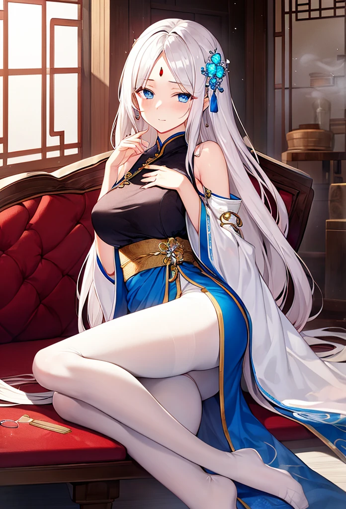 （Enrich the picture，Masterpiece level quality）Beautiful 8K CG artwork，Goddess-like posture，Kneeling exercise，Slim and soft，Translucent skin，White hair、The beauty of extra-long hair, Super Long Straight Hair，The skin is fair and juicy，Big breasts underwear uniform，Perspective Part 1.2x enhanced silhouette effect，Exquisite transparent blues pattern in pajamas，The details are intricate and exquisite，The background is slightly blurred，Charming and lustful leg seduction，Drool，Extra-large big breasts，Blush，Japan goddess，Perfect body slim curves，
