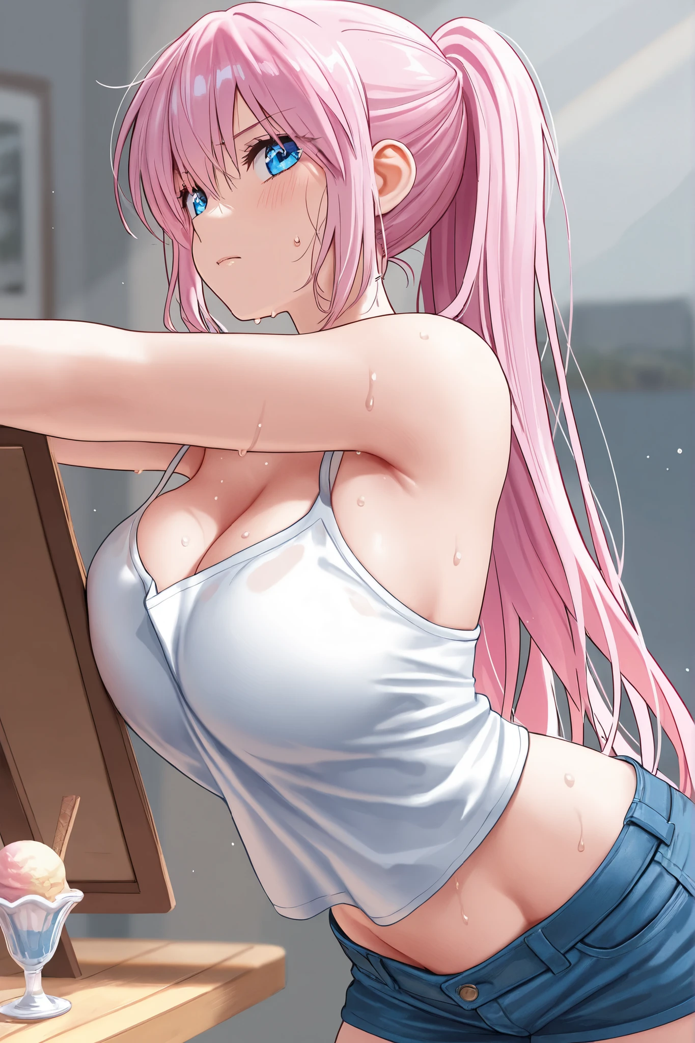 (Highly detailed CG Unity 8k wallpaper), (Best Quality), (Super Detail), (Best Illustration), (Best Shadow), POV, Realistic lighting and shading, Natural light, Lens flare effect, BREAK, 1 beautiful girl, Solo,(Cute:1.5),(Chibi:0.8), (kawaii:1.5),(Lori:0.5), BREAK, ( (17 years old girl), Very detailed, colourfull, highest details, BREAK, (Huge breasts: 1. 2,), Clear skin, Beautiful skin, Shy skin, 1 beautiful girl,{Heterochromia,pale blue eyes,pale green eyes:1.5}, star eye silhouette, Break HA , (Pink hair wet with sweat, Medium length:1.2),(Braided hairstyle:1.1),(Large breasts:1. 5), (long eyelashes, Double eyelids: 1. 2), Solo, gleaming skin, BREAK,(Cargo pants with belt, Wet tank top, no-bra, are protruding,sneakers
:1.2), (star-shaped earring:1.1), (Lace headband:1.0), (Cute Accessories:1.3), (A smile,Happiness:1.1), (is standing,Slouched:1.3), (Full body,angle from back,Cowboy Shot:1.1), BREAK, (Pink Room, pink walls, bed, stuffed toy, PILLOWS, parrot,:0.8) Made of stone,