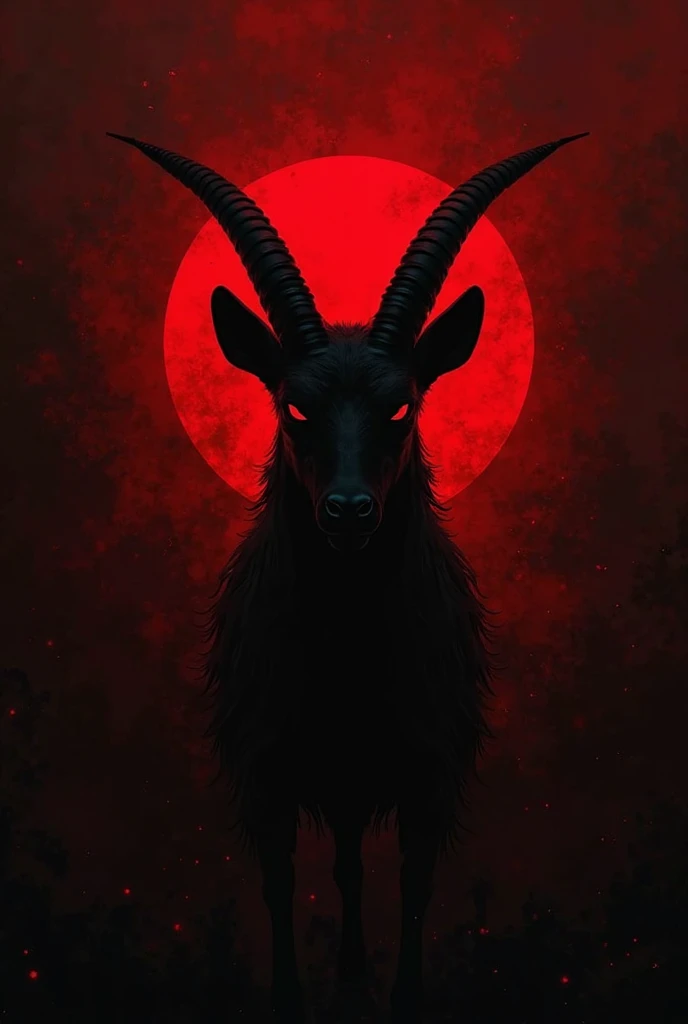 flyer for metal event A creepy stage with scary satanic goat and dark skulls, negro, Red In the background a wall that says Blood Moon Fest
