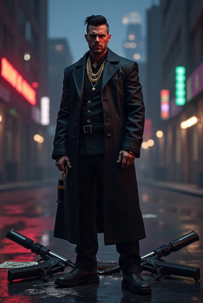 (photorealism:1.2), beautiful angry man with swords,old factories in background,many gangsters in background with knife and suns,sunlight coming from background,wearing bloody coat and paint, cigarette in his hand,smoking