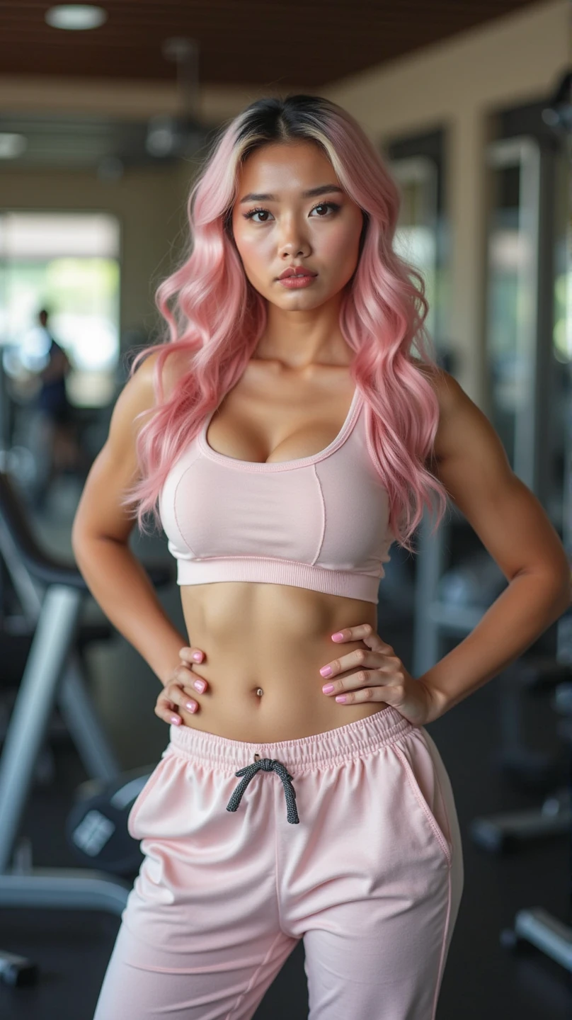 Young girl, from Ukraine, 15 years old, pretty face, tender look, pink lips, long hair, pink hair, slim body, small breasts, big buttocks, standing nipples, Instagram model, Sexy sportswear, in the gym