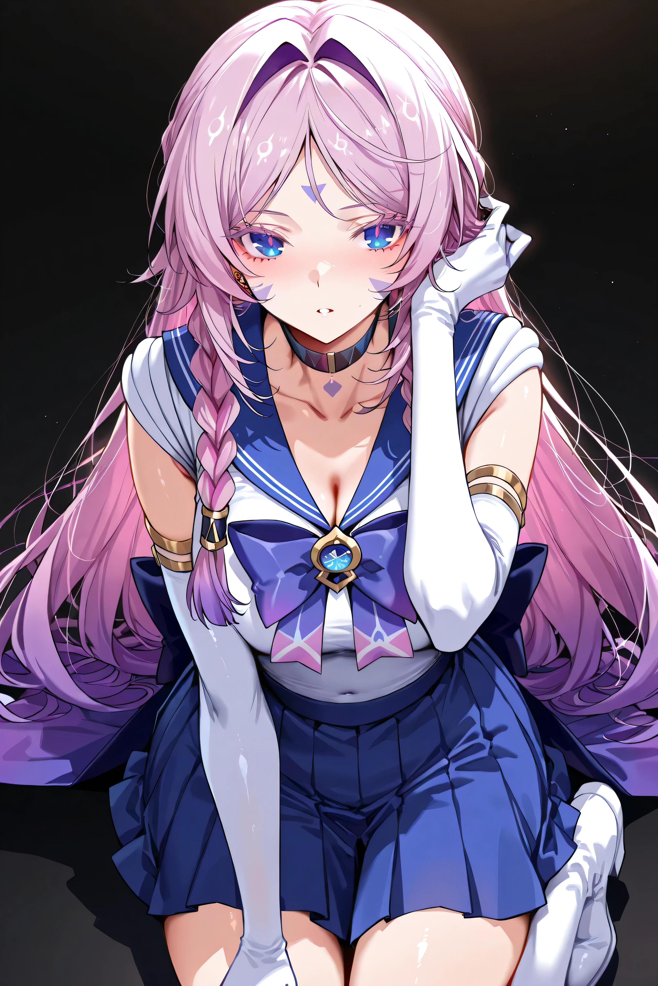 score_9, score_8_up, score_7_up, masterpiece, best quality, very aesthetic, absurdres, tunning image, attractive image, 1girl, solo, adult grown woman, citlali \(genshin impact\), pink hair, purple hair, multicolored hair, twin braids, hair intakes, blue eyes, forehead mark, lavender eyelashes, pink pupils, long hair, colored eyelashes, masterpiece,best quality,amazing quality, ero404, 5 fingers, simple background, black background, alternate costume, sailormooncosplay, forehead_tiara, back bow, sailor collar, skirt, boots, bow, brooch, choker, elbow gloves, gloves, jewelry, knee boots, white boots, pleated skirt, sailor senshi uniform, skirt, white gloves,