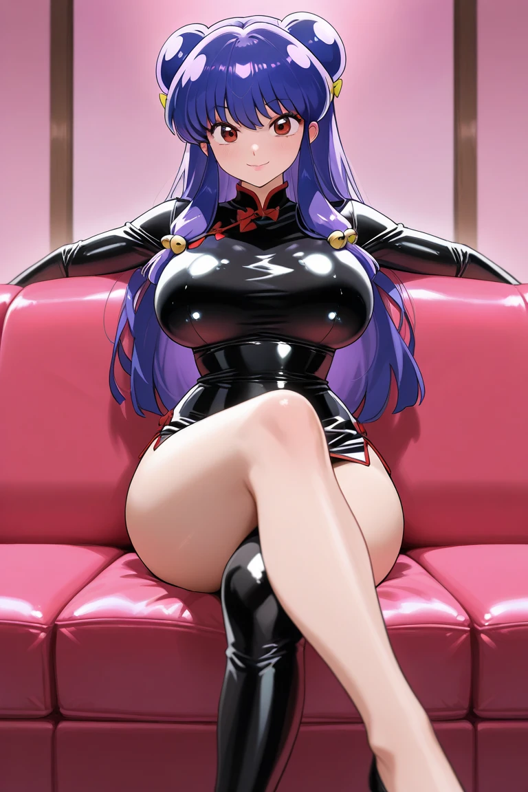 masterpiece, best quality, 1girl,black hair,long hair,glowing eyes, (finely detailed empty pupils and detailed face),,,,extremely detailed picture unity 8k wallpaper,solo,(latex military costume:0.9),large breasts,seductive smile,military hat,latex thighhigh,large breasts,black hair,pink eyes,black leotard,pantyhose,military coat,enamel suits,grossy lips,sitting,crossed legs