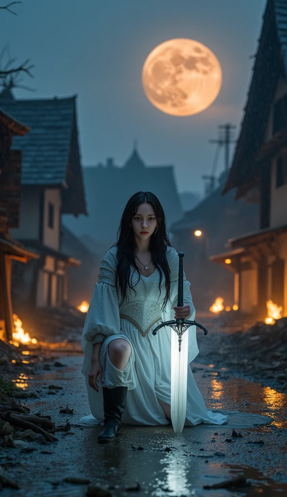 Age 16, Young girl, ((masterpiece)), ((best quality)), (ultra-detailed), ((extremely detailed)), long hair, black hair, hair ornament, red eyes, pretty makeup face, Cultivator female, Fight Cloth, holding sword, Red Glowing Sword, glowing sword, standing, Standing in Action, Full body View, hair ornament, breezy hair, black robe, sweeping black leather trench, breezy weather, (unusual pupils), (glowing eyes), (magic eyes), bursting aura, amazing scenery, mountain background, ground shatter, grey themed background, evening, cloudy sky, red bursting energy aura, closed mouth, serious expression, serious eyes, battle ready pose, looking at viewer, slim body, slim build, fog, (expressive eyes, striking eyes, reflective eyes, detailed eyes), ((highly detailed, fine details, high contrast, clear line art, detailed illustration, very fine lines, colored background, perfectly sensual, high quality, spot color, bright background colors, best quality, beautiful detailed, clear illustration, very detailed, high quality, masterpiece, pixiv, highres, official artwork, best aesthetic, rim lighting, directional lighting, soft lighting, cinematic effect, smooth lineart, ethereal art, sharp focus, clean lineart, clear lineart))((solo, 1girl))(dynamic angle, great angles)(visual appeal)(distinctive features, meticulous shading, memorable scenes, flawless, professional illustration, natural shadows, high definition)(intricate costume, intricate line work, meticulous strokes, rich atmospheric piece illustration), (relatable, memorable, artistically unique), (subtle highlights, color blending), brush strokes, modern digital art, semi-realism, 