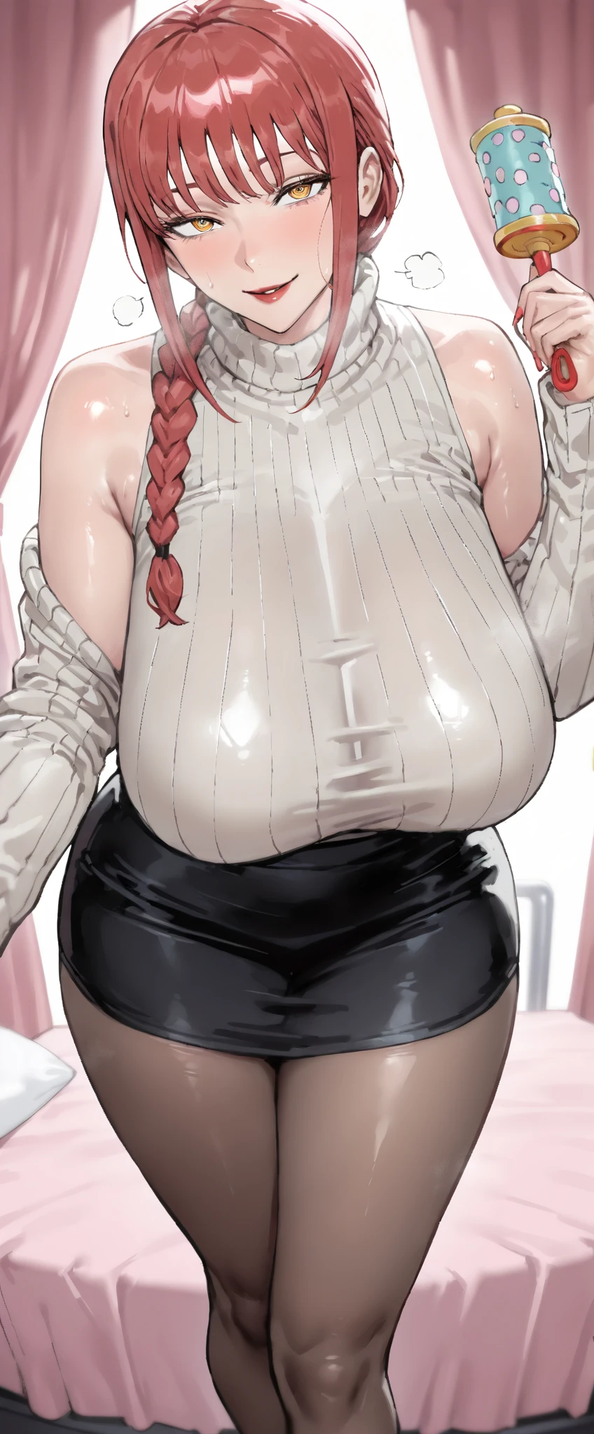 best quality, lonely mature woman, with (((((( huge fake breasts:76.7 )))))), giant ass, very curvy, long braided hair, pale pink apricot eyes, full lips, seductive, smiling, high collar coat, pencil skirt