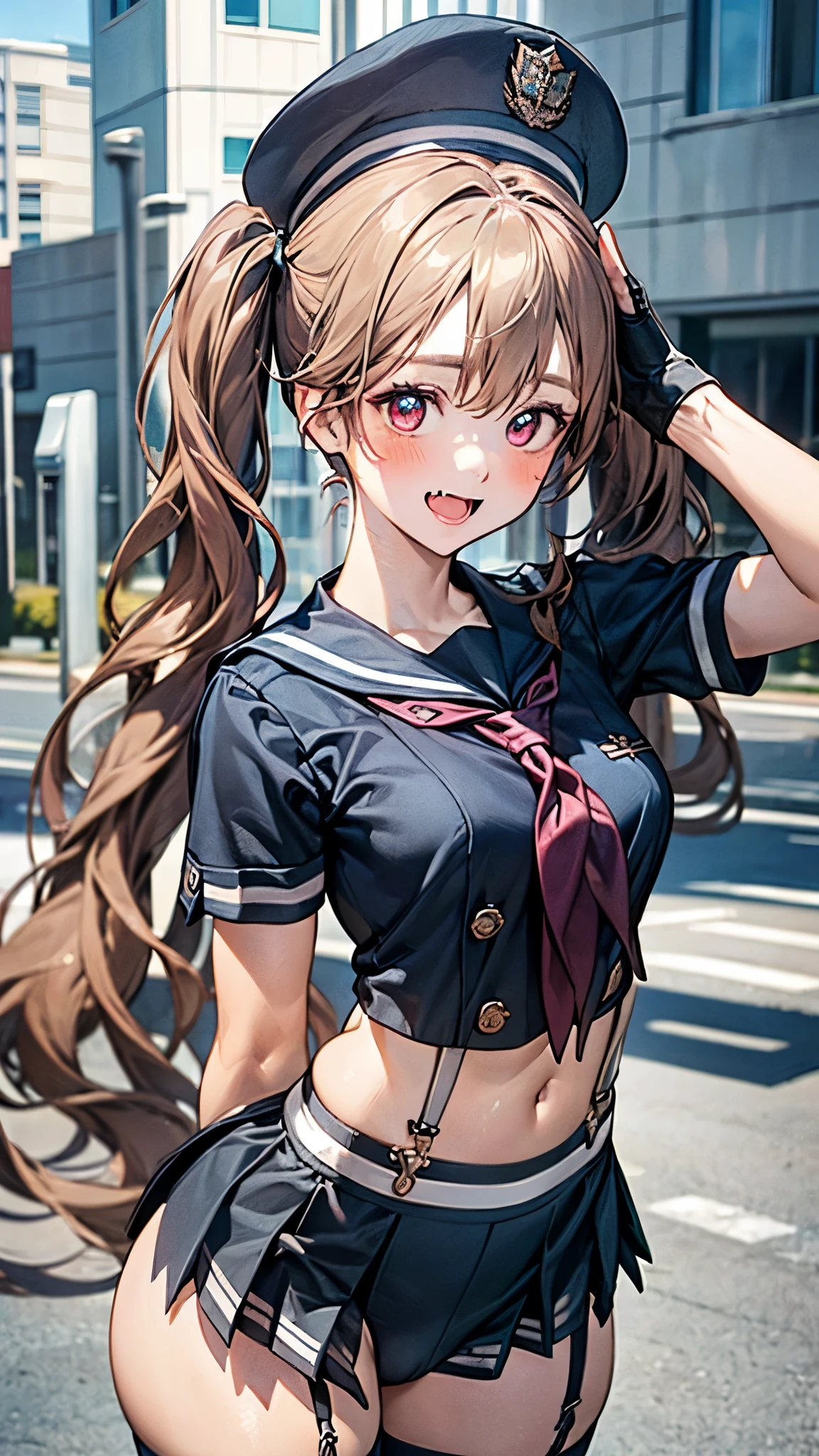 (masterpiece:1.3, top-quality, ultra high res, ultra detailed), (realistic, photorealistic:1.4), beautiful illustration, perfect lighting, natural lighting, colorful, depth of fields, 2025s, ,
beautiful detailed hair, beautiful detailed face, beautiful detailed eyes, (perfect hands, five fingers, perfect anatomy, anatomically correct, super detailed skin), pink skin, shiny skin,
looking at viewer, (face focus, upper body), 1 girl, miranda, high school girl, cute and symmetrical face, perfect face, perfect eyes, perfect body, babyface, cute face:1.2, tiny, curvy,
(very long hair, twin tails, (beige) hair), hair between eyes, maroon eyes, big eyes, fang, long eye lasher, (large breasts, narrow west, seductive thighs, camel toe, large ass), glamorous, skin dentation,
(detailed cloth texture), (black hat, black short sleeve sera fuku, midriff:1.2, suspenders, red neckerchief, black pleated miniskirt, black gloves, black thigh-highs),
(beautiful scenery), summer, evening, detailed background, (In front of the police station:1.5), standing, (salute), (lovely smile, upper eyes, blush, open mouth small),