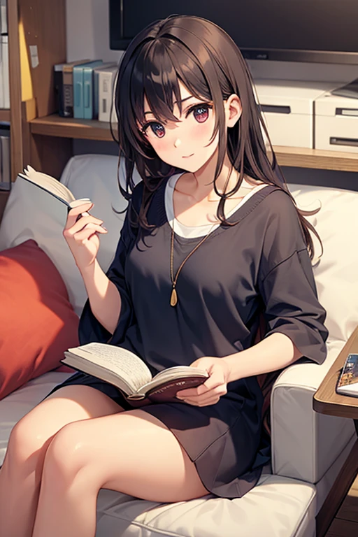 Woman reading a book in the room、30th Generation、The skirt is short、T-Shirts、Ultra HD、amazing、Nice body