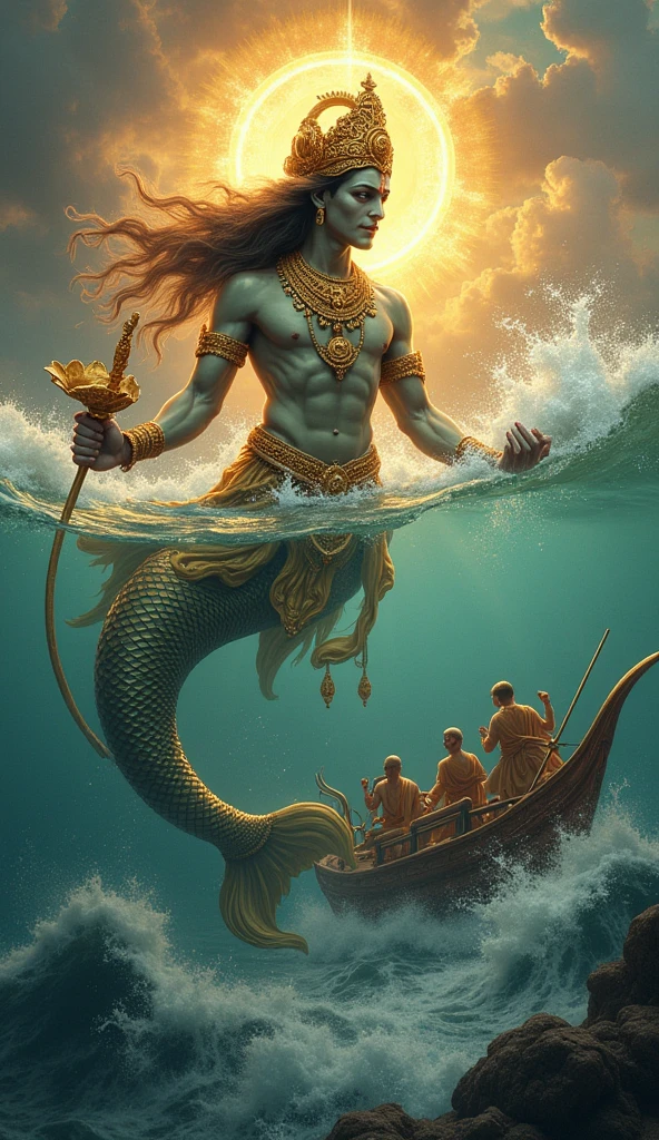 Lord vishnu matsya avatar with half human and half fish with one hand weapon