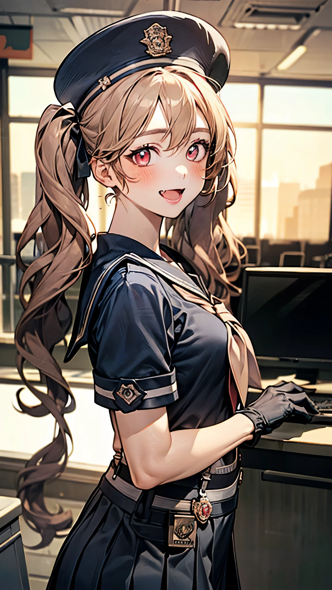 (masterpiece:1.3, top-quality, ultra high res, ultra detailed), (realistic, photorealistic:1.4), beautiful illustration, perfect lighting, natural lighting, colorful, depth of fields, 2025s, ,
beautiful detailed hair, beautiful detailed face, beautiful detailed eyes, (perfect hands, five fingers, perfect anatomy, anatomically correct, super detailed skin), pink skin, shiny skin,
looking at viewer, (face focus, upper body), 1 girl, miranda, high school girl, cute and symmetrical face, perfect face, perfect eyes, perfect body, babyface, cute face:1.2, tiny, curvy,
(very long hair, twin tails, sidelocks, (beige) hair), hair between eyes, maroon eyes, big eyes, fang, long eye lasher, (large breasts, narrow west, seductive thighs, camel toe, large ass), glamorous, skin dentation,
(detailed cloth texture), (black hat, black short sleeve sera fuku, midriff, suspenders, red neckerchief, black pleated miniskirt, black gloves, black thigh-highs),
(beautiful scenery), summer, evening, detailed background, (inside police station:1.5), standing, (adjusting clothes), (lovely smile, upper eyes, blush, open mouth small),