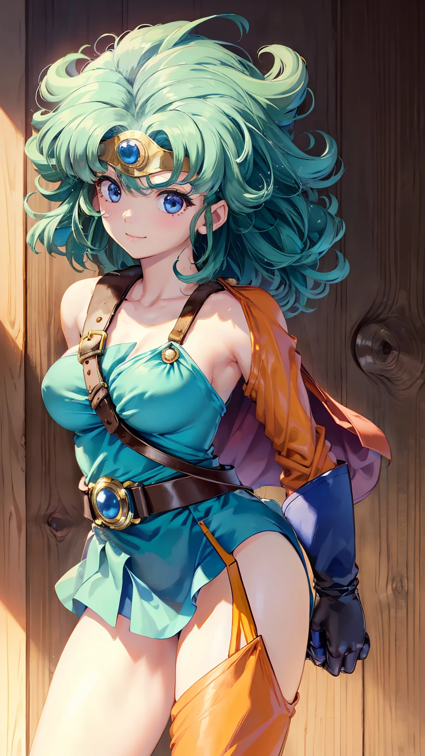 (((SFW、sound、Highest quality、Top notch work、Normal body、、Detailed face、Ultra-precision、Normal hand、のrefer、5refer、Highest)))、beautiful girl、Green Hair、yamato nadeshiko、Small breasts、Shortcuts、Blue leotard、Muscular、Black paleo skirt、Red Cape、Circlet、Dragon Quest、Female Heroes、 Fight、Fight準備完了、Sweep with a sword、Please put your hands together in front of you.、Place your hands behind your back、Please put your hands on your hips、cover your chest with your hands、((Executed perfectly:Frame yourself from head to toe,Standing posture,Draws in great detail、There is no anatomical problem))、forest