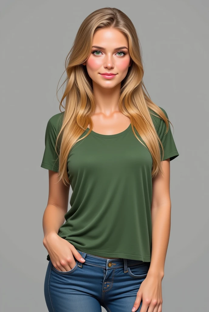 Realistic full body photo of a smiling, Young blonde woman with long hair, She dances in front of the camera in a green silk T-shirt and long tight jeans..., Park,glamour fotoshooting, Park, perfect anatomy, perfect blue eyes. Perfect hands with 5 fingers on each hand, Matching girl, looking at the camera, 1 Frau. (Eye make up:1.1), (highly detailed skin:1.1), spirit, analog style, keen focus, 8K UHD, dslr, good quality, Fujifilm XT3, Grain, Award-winning, masterpiece. Park