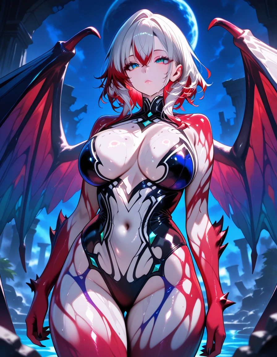 Red Necromancer, Blood Moon, Ray Tracing, masterpiece, Highest quality, super high quality, Absurd detailed, best Light, Best Shadow, sharp, sharp image, detailed, extremely detailed, Incredible resolution, 8k, 4K, Ultra-high resolution, Particle Effects, Beautiful Effects, Vibrant colors, neon Light, neon, Light,(corruption:1.2),(Hollow Eyes:1.2),(Groin tattoo:1.3),(Lower abdomen tattoo:1.3),(Wicked Smile:1.3),(((White skin))),Gray Hair,short hair