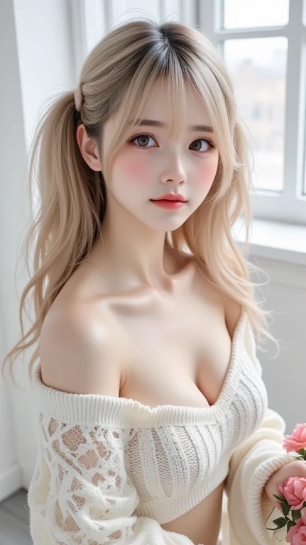() ,girl、(brown mickey ears headband)。(Random Nudes),Exhibitionism,((Random exposure of genitals))。 Beautiful areola。Small breasts. Thin Hair。(On a snow-covered mountain). Detailed and complex background。((Light blonde hair))。(Round face). ((Long Hair)). Heavy bangs. Idol's face. Sitting pose. Embarrassing,blush