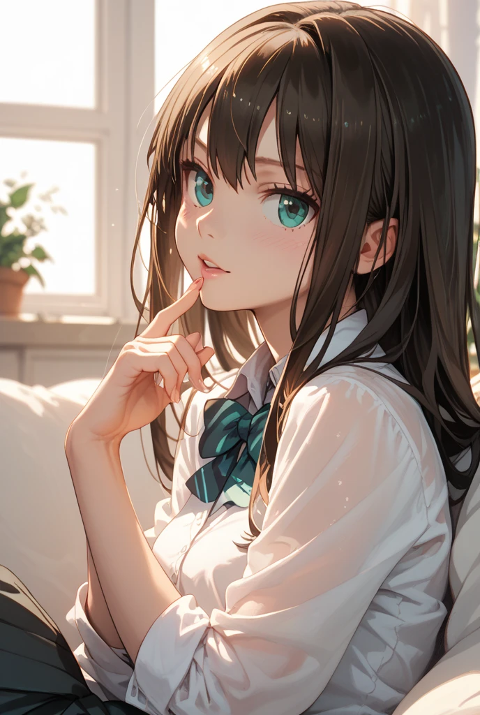 (((1 personの少女)))、((1 person)),Masterpiece,best quality, ((Shy smile))), ,(((Date)))、,((White blouse))、determined expression, Upper body diagram、 (Highest Resolution、Clear_image)、Best Quality、Light and shadow contrast、((illumination))、Very detailed、Semi-realistic、Short hairstyle、Brown Hair、bangs、19 years old、　Lady,,young、((View from top))、Delicate Facial Features