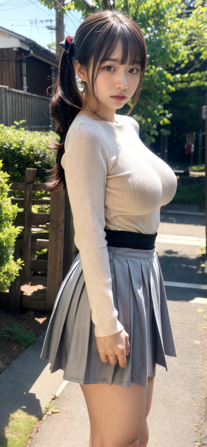 woman, 20-year-old, short black wavy hair、bangs、plump nipples、(white turtleneck knit)、black stockings、medium milk, cute smile、((Pose that emphasizes the buttocks、looked back))、sexy hips、black high heels、big necklace、((((the wind blew my skirt, expose my panties...))))、(light blue lace panties)、cute earrings、(tilt your head a little)、naked