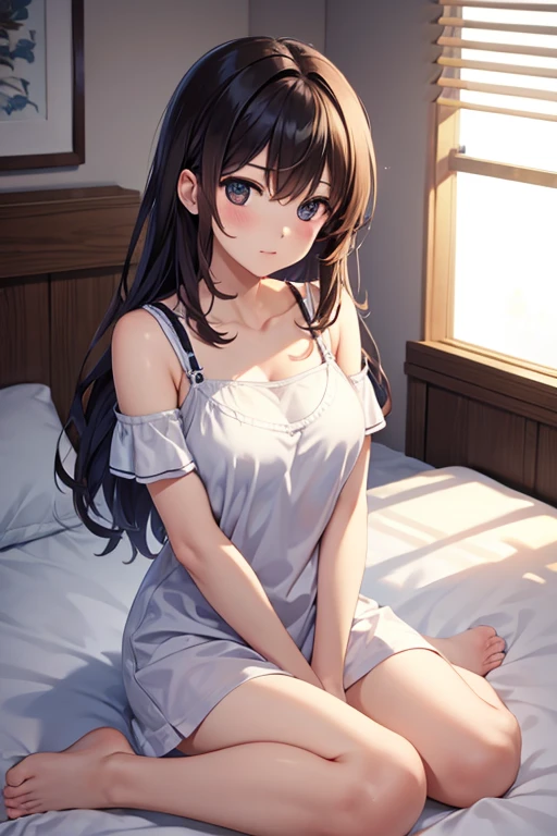 Late night bedroom、Electric light、A beautiful girl with brown hair sleeping on her back in bed、、from above、Dimly lit room、Amber lighting、Embarrassed face、Very detailed, 超A high resolution,Camisole dress、(Highest quality illustrations:1.2), (Cute Girl:1.1), (1 Girl, solo:1.5), (1 Girl、16 years oldne Pose、cute、A neat image、((1 Girl、solo)), (Highest quality illustrations:1.2), (Cute Girl:1.1), (Small breasts、Super detailedな目:1.2)、Brown hair、Short Hair、Wavy Hair、Curly Hair、Low twin tails、BREAK is(highest quality、Super detailed、Very detailedで美しい、Ultra-high resolution、Detailed Arm:1.2)