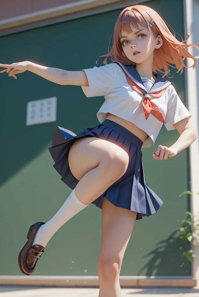 (A beautiful young Japanese woman), nsfw, Detailed Background, (((独奏))), ((Excellent anatomy: 1.2)), (Pink Hair, ponytail), Big Tits, (dark skin:1.5), (green eyes), (tall), (Beautiful Eyes), (Short sleeve white shirt), (Red bow:1.3), (Dark blue checked mini skirt:1.5), (loose socks:1.3), (loafers), (Angry:1.2), Blushing, (Golden bracelet), (Hair Accessories), Gold Necklace, Earrings, standing split, Beautiful thighs, panty shot