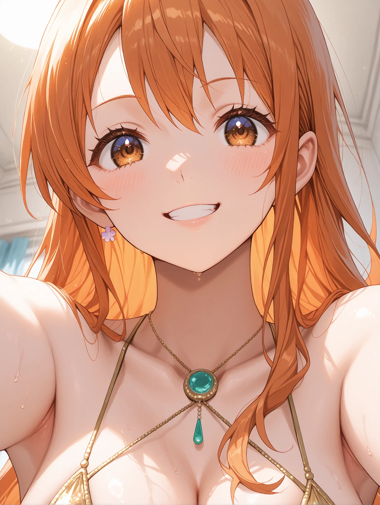 Mayano Top Gun\(umamusume\), Highly detailed face, masterpiece, highest quality, A light smile, wave hands, ((Highly detailed face)), Slender girl, whole body, (((Completely naked))),good,panties,Horse tail, A light smile, Beautiful and clear eyes, frontage,)(Small breasts)(Flat Chest)