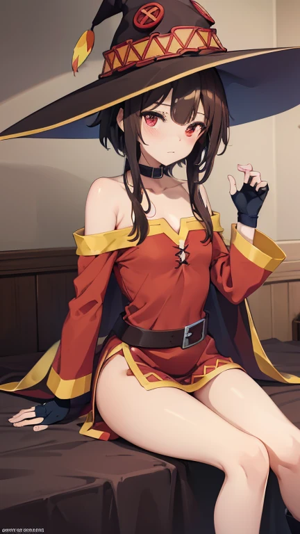 masterpiece, best quality, 1 girl, detailed beautiful face, megumin, witch, no panties, open legs, naked, no clothes, NSFW, +18