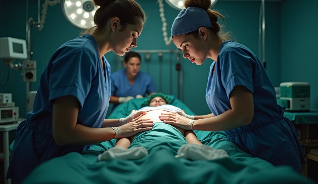 (give a score of 9_give a score of 8_give a score of 7)
masterpiece, highest quality, best quality, view from top down, see the whole body, surgical lamps shine from the ceiling,
1 women, solo, in one hospital, in the operating room, a pregnant woman, about 10 months pregnant, pale skin, open her belly, her stomach was revealed, a pregnant woman has a radiant, wrinkle free stomach, she had a look of pain and suffering on her face, frown, surgical cap, lying on the operating bed, lie on your back, lying with arms spread out, spread your arms out, wide, bare stomach, the skin of the abdomen is bright, show your belly, look at her pregnant belly, the head of the navel is visible, cloth covering both legs, big breasts, long slender beautiful legs, don't put your hands on your stomach, she had a difficult birth, a scene in the operating room shows a pregnant woman suffering from a difficult birth