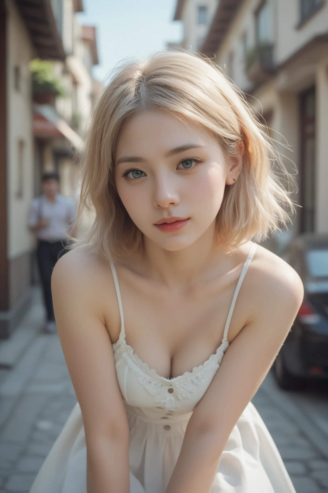 a 20 yo woman,The blonde,(High top fade in and out:1.3),dark themes,soothing tones,pastelcolor,hight contrast,(Natural skin texture,ultra-realistic realism,the soft light,Sharp)short detailed hair,Bust,Blue sky and bokeh street view in the background