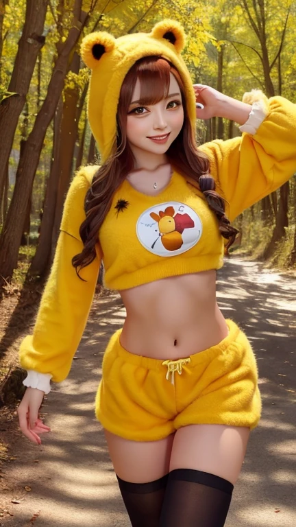 An anime girl posing for photos wearing a pikachu costume, She's standing straight, standing straight in front, Perfect body, slim and sexy, dry belly, she has big and heavy in a sensual cleavage, pikachu jumpsuit with sensual cleavage, sexy pikachu jumpsuit, She has a small waist, thick legs, is wearing a cute yellow colored onesie, pikachu costume. . ((soft light, cinematic film, hdr, cinematic lighting, (volumetric fog: 0.7). (Perfect skin, no blemishes or marks). ((best quality, 8k, masterpiece: 1.3)), focus : 1.2, perfect figure beautiful woman: 1.4. From the warm tones of natural blush to the cool shadows under the eyes, capturing the complexity and beauty of human skin in all its vivid detail (professional realistic photography style))