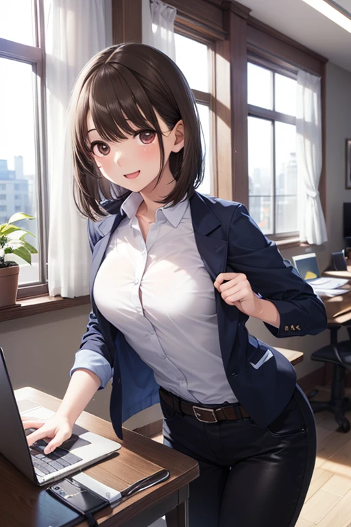 beste Quality、One girl、OL、smile on face、white shirts、Black mini skirt、Open chest、Giant tits、Black Shorthair、Narrow-eyed、little sweat、smile on face、Double eyelidd、Angle from diagonally down、An empty office、A dark、Background blur
