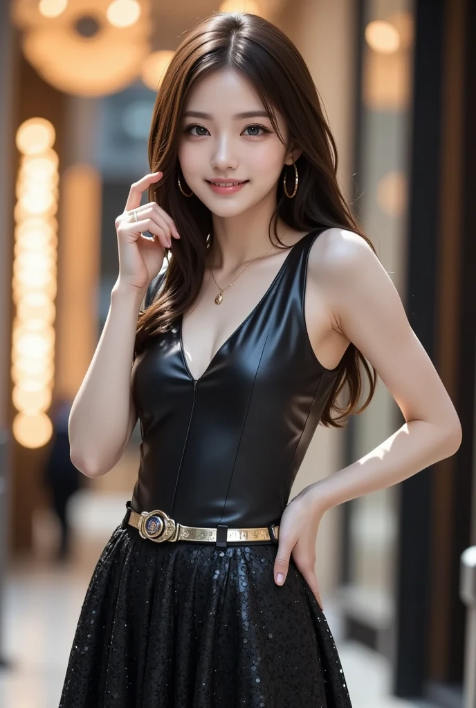 10, master piece, RAW photogr, Best quality at best, Realistic portrait, Highly detailed CG Unity 8k wallpaper, Deep in the field, 电影灯光, lens flare glow, Ray traching, (Very beautiful face., beautifullips, beautidful eyes), intricate face details, ((Ultra-delicate skin)) 1 girl in, in the darkness nigth, deep shading, Beautiful Thai girl, K-pop idol, 1 girl, (Very slender figure.:1.3), ((looking at viewert)),(Hefty Smile:1.3), (midynight, nigth, (neonlight), (vague background), dim murky lights), (There is no one behind it.:1.3), Beautiful earrings, bangle, choker necklace, tightsuit, Clear eyes, walked , Front Shooting, (pale-skinned), (s Look forward with big eyeull body photo), (Brown fur), open belly button., (looking at viewert:1.3), Very skinny, medium, (Camel toes), Thigh thick, Turn Back, (flying wings mini dress), ((Dark black metallic dress)), (leotard skirt), ((Backtracking, Fight back)), Superskirt, The kinky is exposed, on the picture