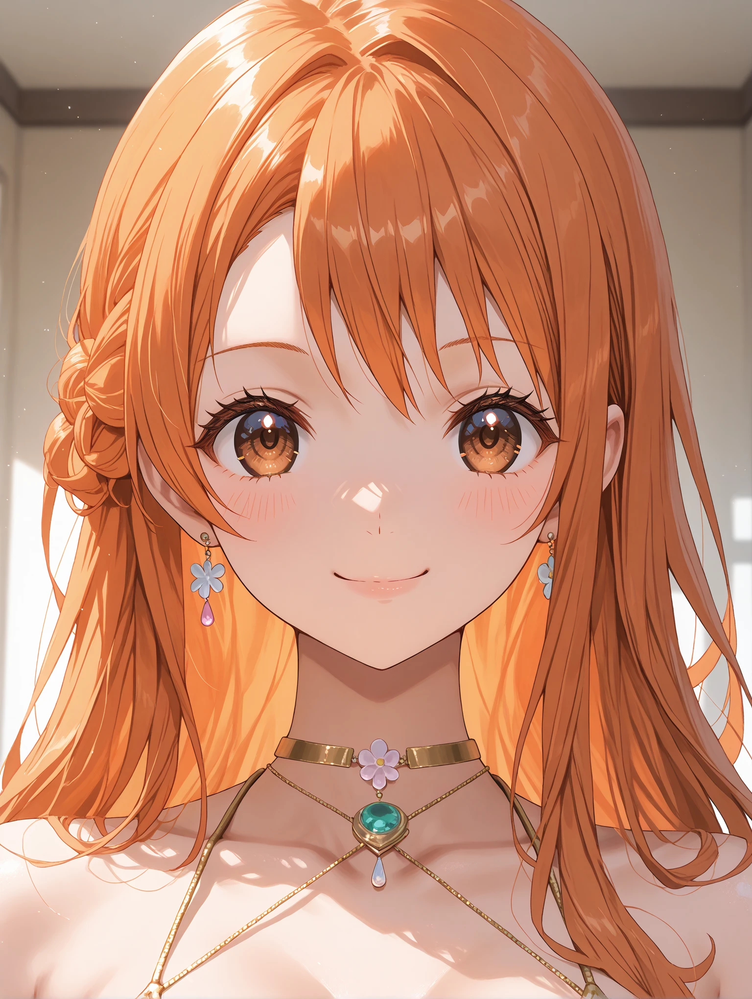 It depicts a girl with bright red hair .Her hair has pink tips、It brings out her cheerful personality。She is wearing a yellow off-the-shoulder top、That bright smile and sparkling eyes、It brings joy and warmth。