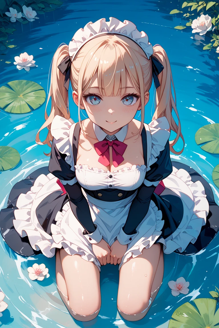 score_9,score_8_up,score_7_up,score_6_up, score_anime BREAK, <lora:beelzebub_hilda_ponyXL:1>, hildegarde, hair over one eye, bored expression, braid, maid, black dress, black gloves, elbow gloves, (crossed arms:0.7), frilled choker, feet, in a pond, lily pads, nature, water reflections, small, miniature, hugging knees, hugging legs, image of a girl sitting in a pond of water