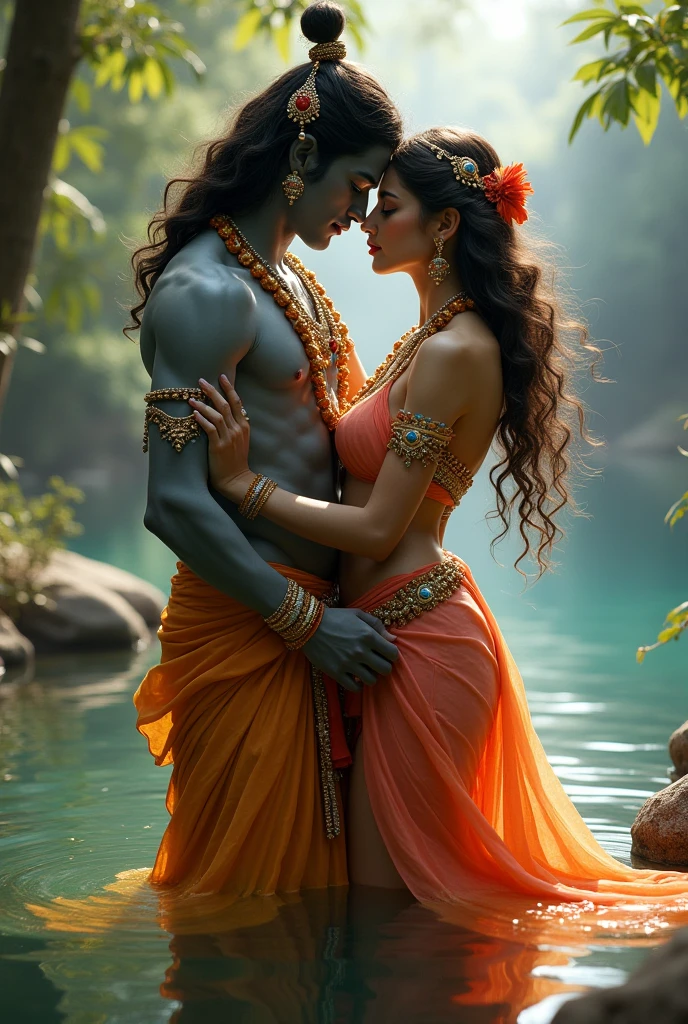 Lord Shiva with his wife Parvati big breasted, transparent red coloured saree, long haired, like Indian woman, taking bath in river. Original photo