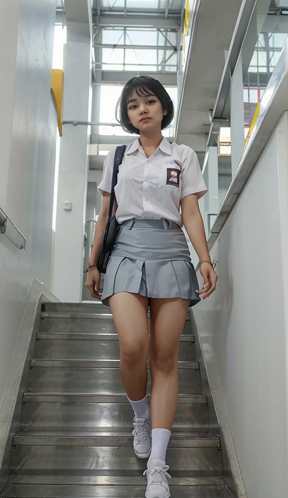 beautiful Indonesian female student, short hair, wearing white , gray skirt, mini skirt, short skirt, tight skirt, white socks, black shoes, carrying a school bag, standing on the escalator, about to go down, photo taken from the bottom of the escalator, realistic, ultra hd, mall atmosphere,.