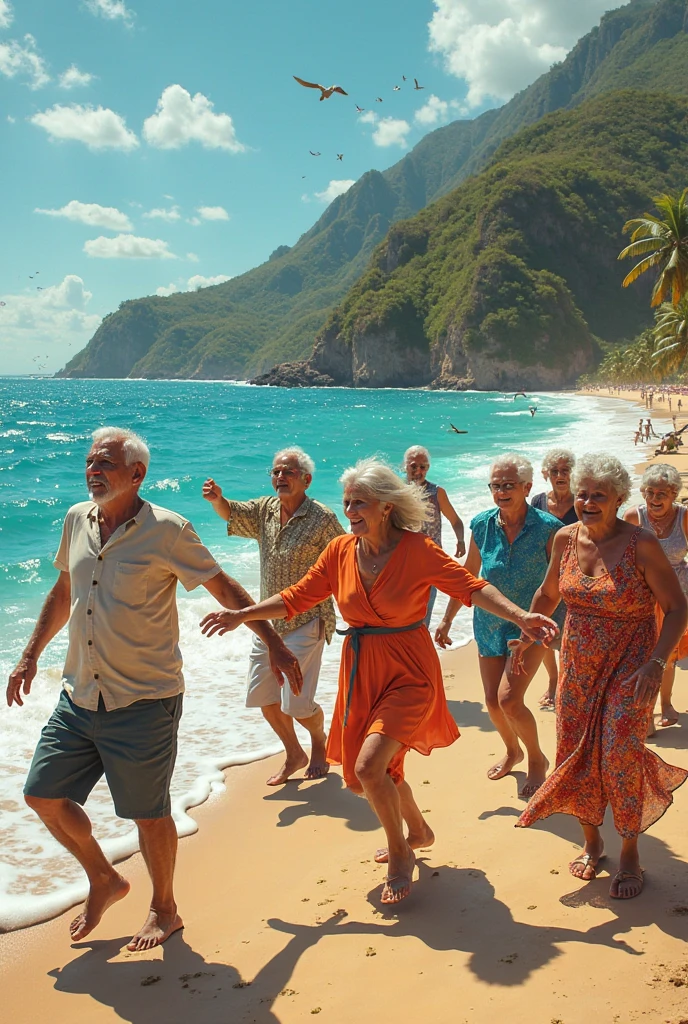 Several elderly doctors in white coats dancing with young girls in bikinis and drinking whiskey