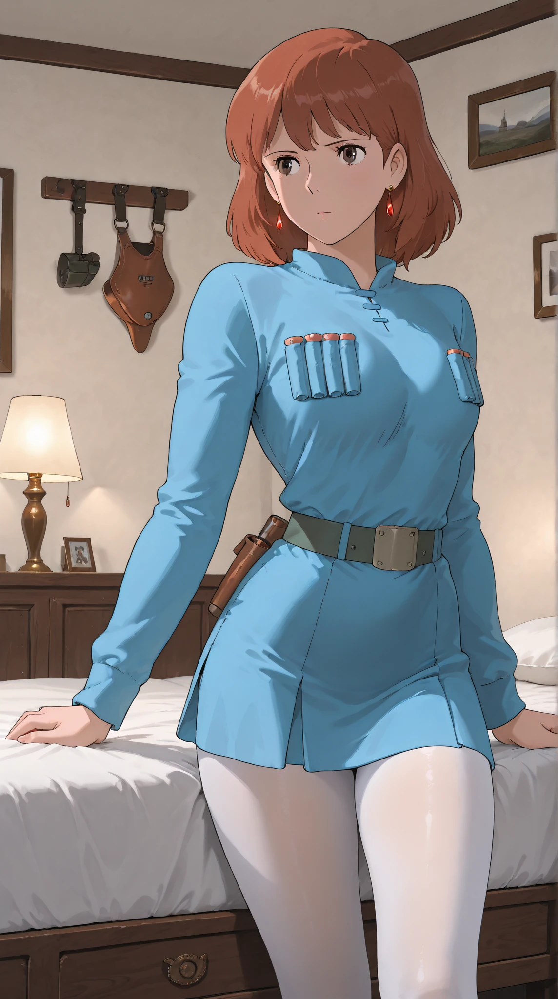 , (Spread your legs)、 (White panties), policewoman, Blue uniform、Miniskirt Police、White shirt, sunny,  Mature Woman, Anime cel style, highest quality, High resolution, One girl, (Large Breasts:1.2), Beautiful Face, Beautiful fingers, Beautiful long legs, Beautiful body, Beautiful Nose, Beautiful character design, Blonde, bangs, blue eyes, View Viewer, Cowboy Shot, blush、Embarrassed look、Nipples are visible、