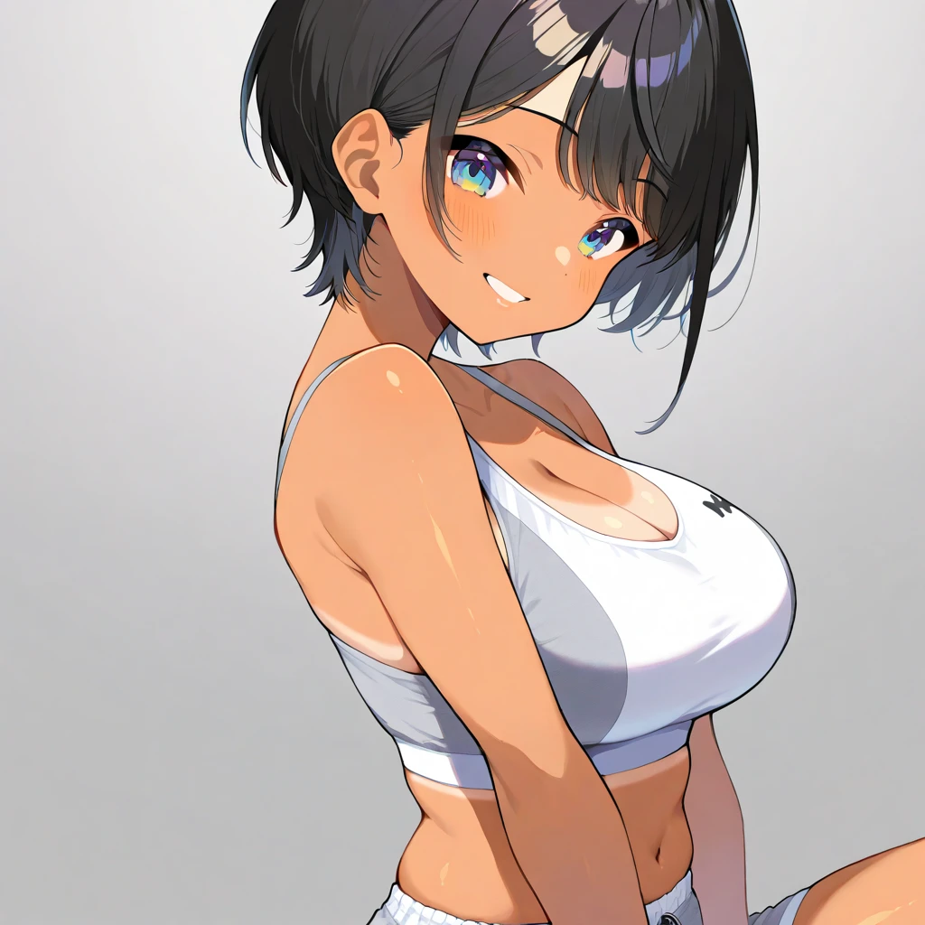 1girl, solo, sky, outdoors, looking at viewer, upper body, suiko \(one-punch man\), dark skin, short hair, dark-skinned female, sports bra, tomboy, breasts, mole under mouth, black hair, blue eyes,, full body walking,(icone de um jogo), (icone de peitoral : 1.5), um peitoral , peitoral marrom, chest plate, peitoral pesada marrom, peitoral grosso, peitoral de Armadura intrincada, peitoral de armadura de fantasia pesada, peitoral detalhado, armadura ornamentada, peitoral de Armadura Paladina, peitoral dearmadura de batalha, intrincada peitoral, flipflops